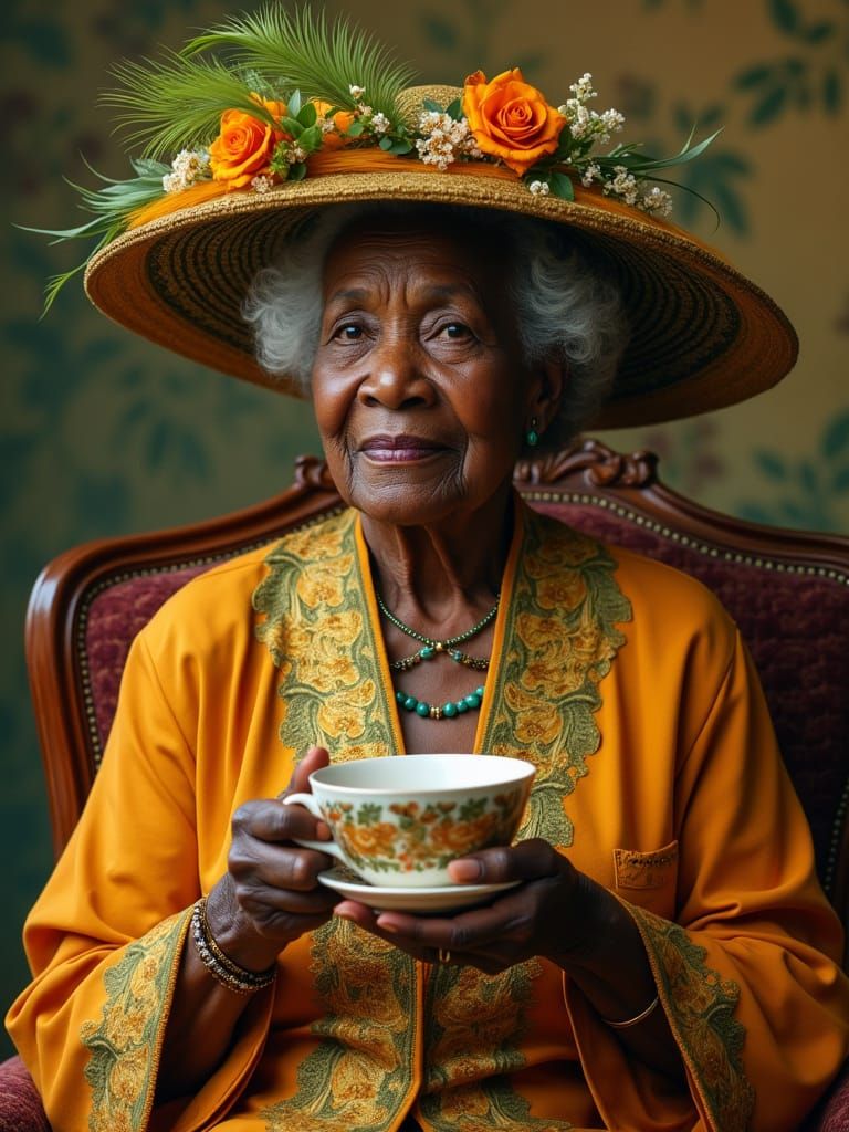 Elegant Art Nouveau Lady Sips Tea in Luxurious Attire