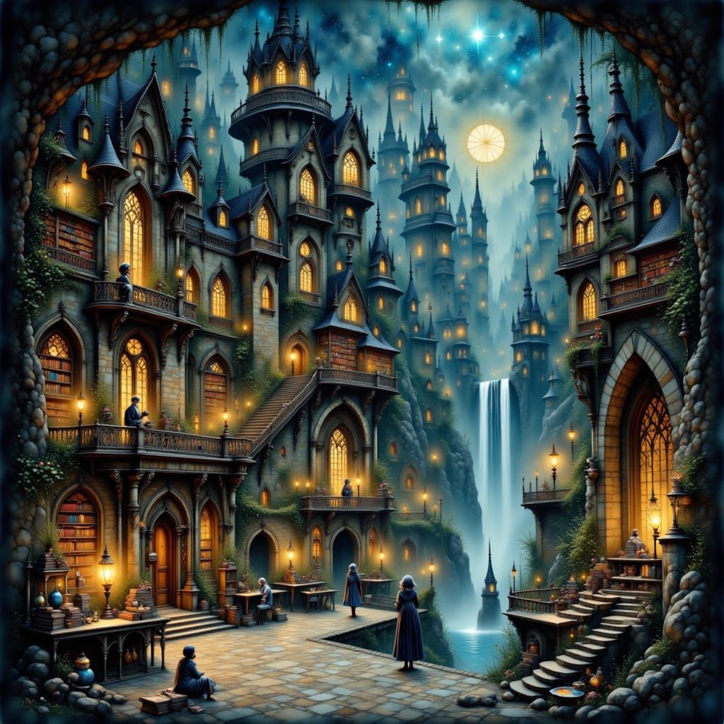 Ancient Spell Academy on Cliffs, High Fantasy Art