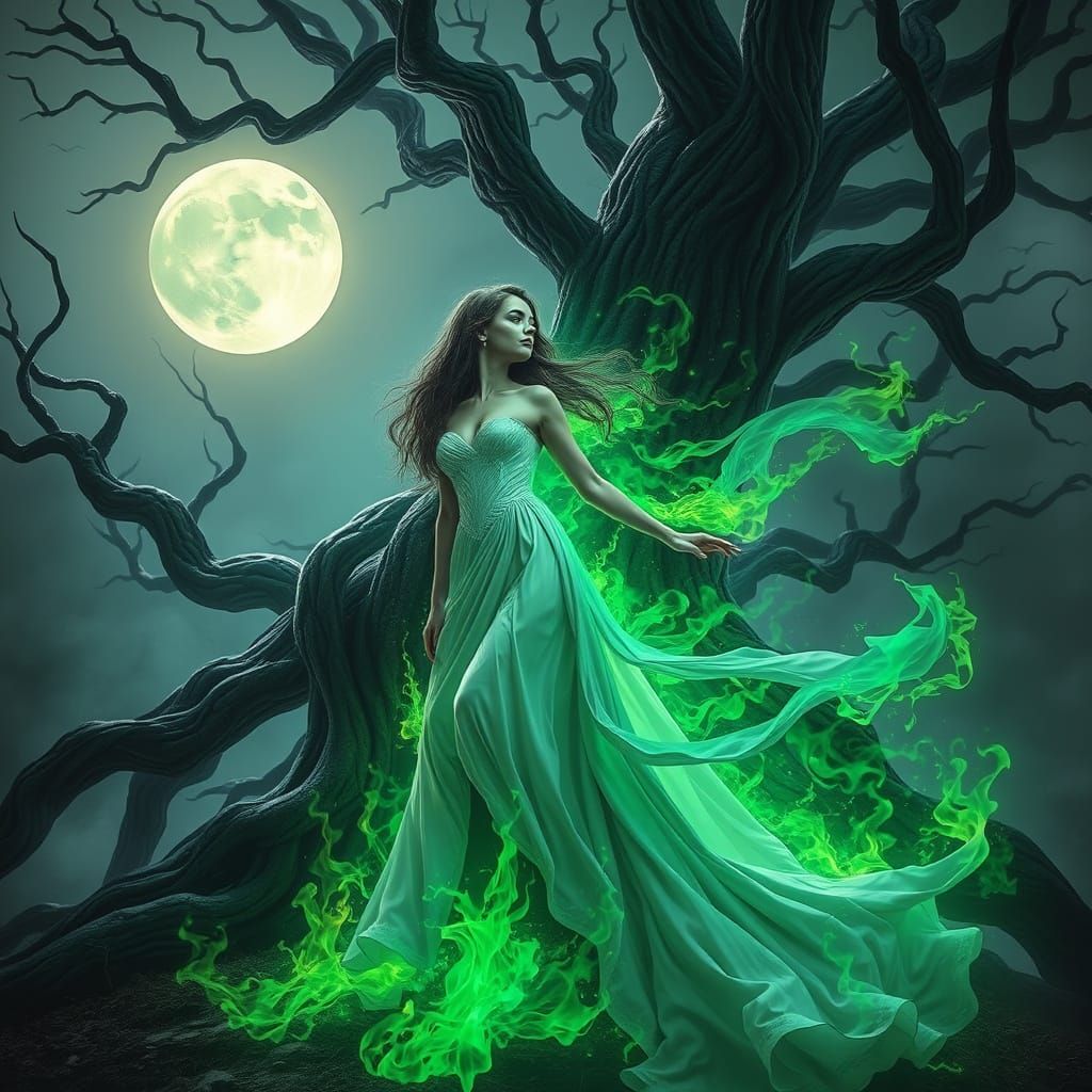 Woman in Green Flame Under Moon, in Luminescent Style