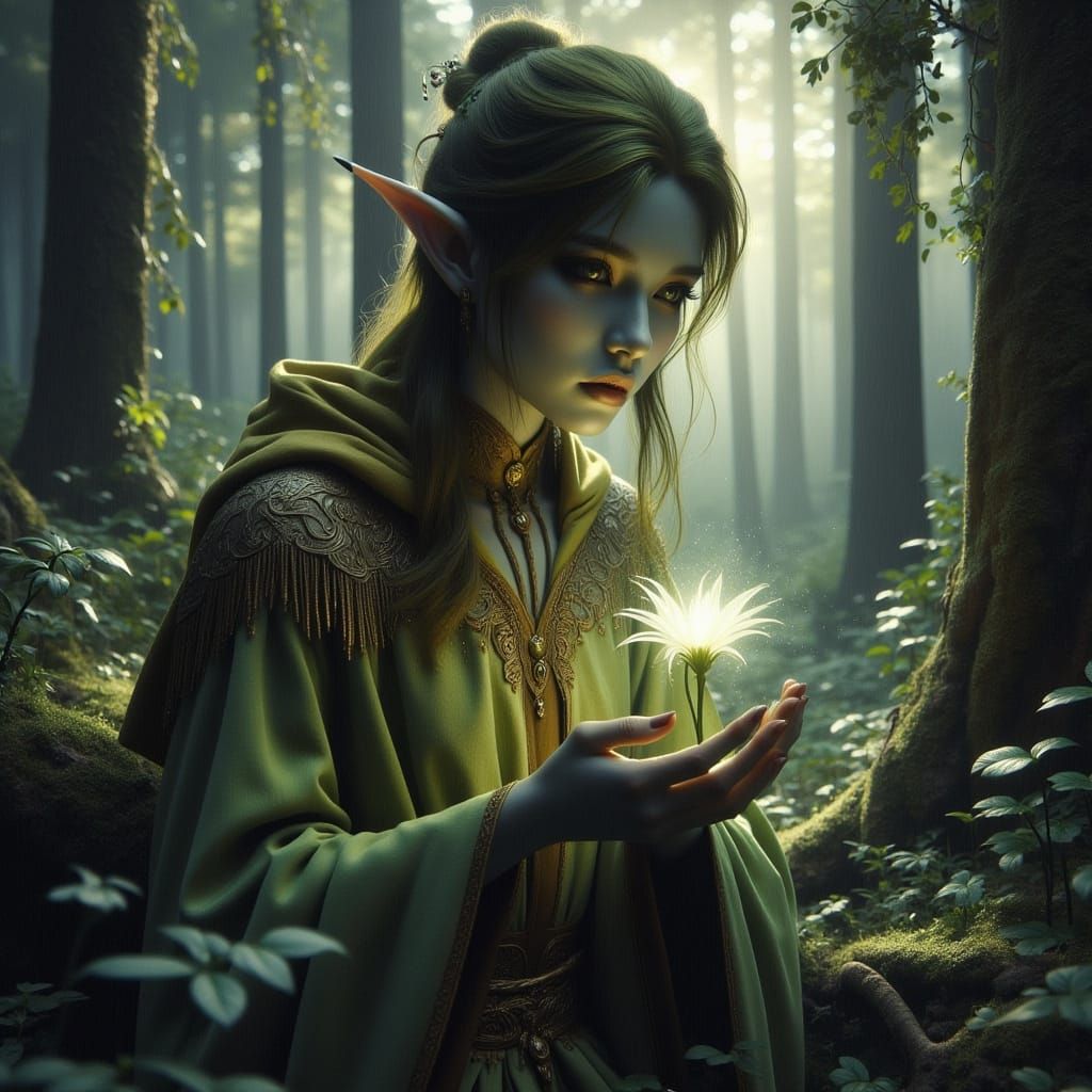A young male drow elf in a forest. He holds a small, glowing...