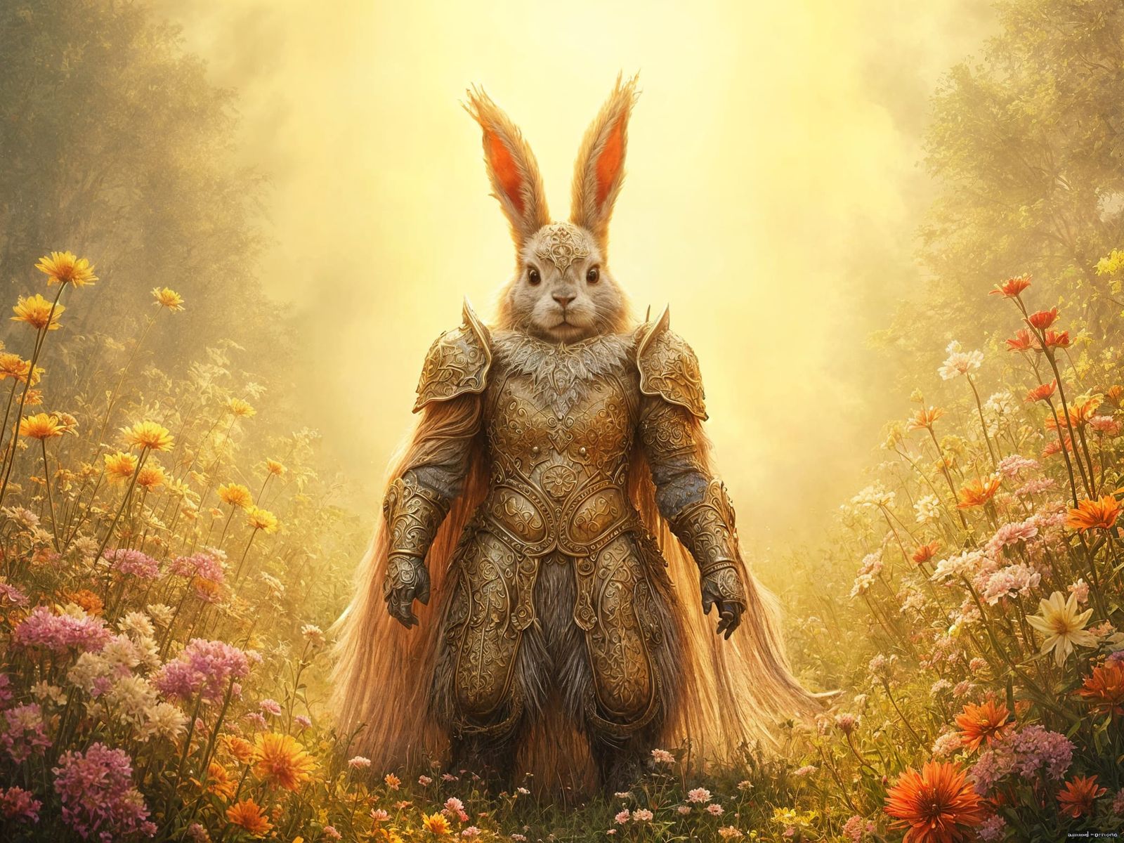Fantasy Warrior Easter Bunny in Whimsical Garden
