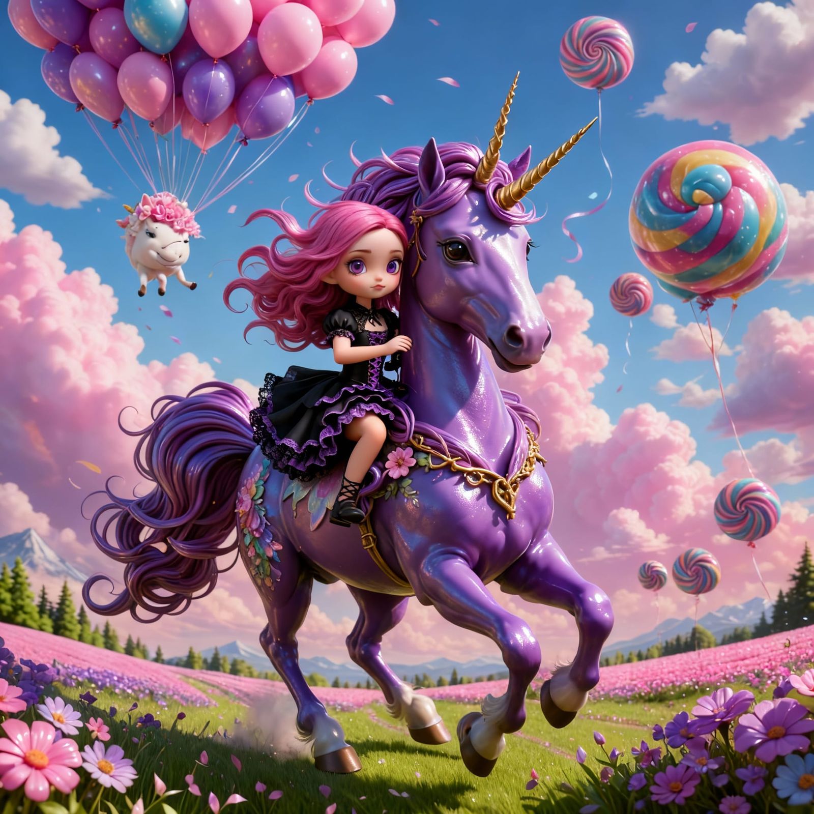 Girl Rides Purple Unicorn in Candy Art Style
