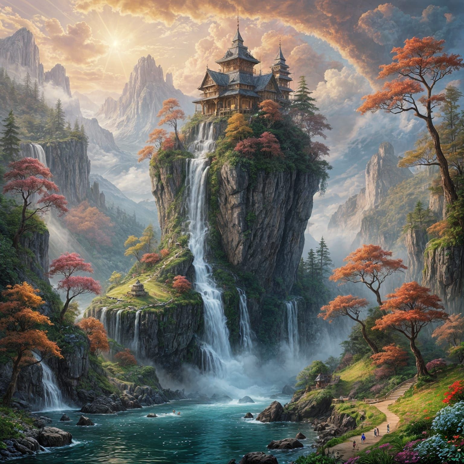 Whimsical Hat Island with Waterfalls in Pastel Sky