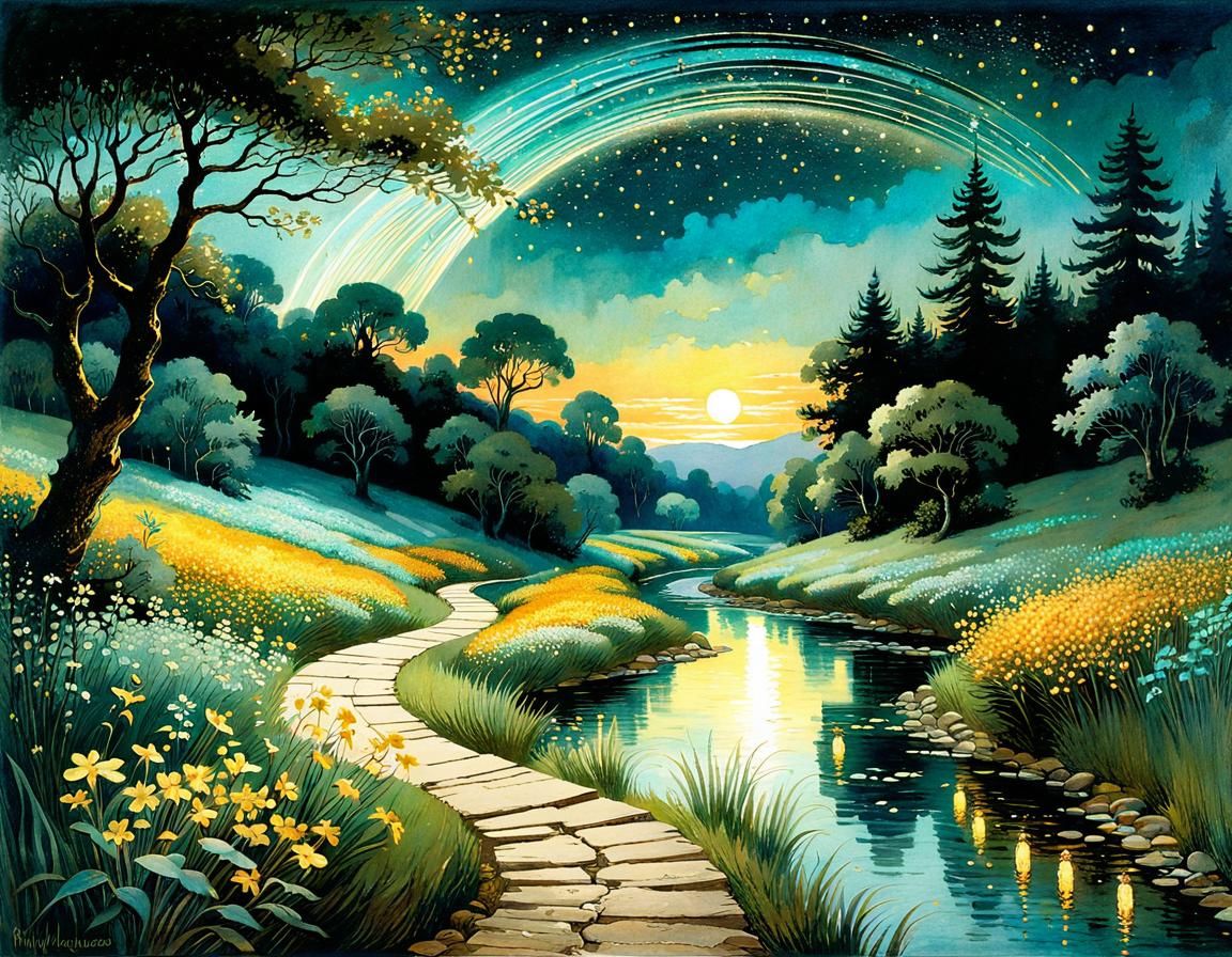 Enchanted Summer Night Illustration in Watercolor Style