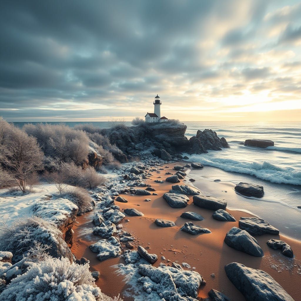 Hyperrealistic Winter Lighthouse Scene with Rugged Pier and....