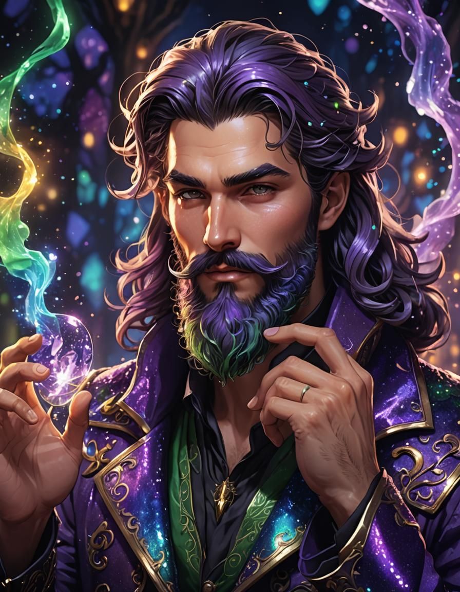 Whimsical Warlock Grooming Sparkling Beard: Anime Fantasy