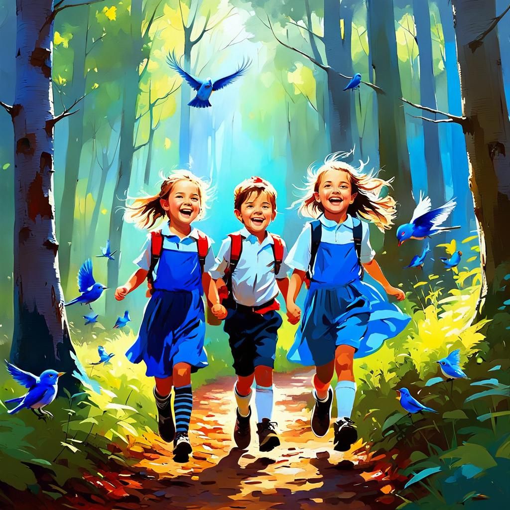 Happy Siblings' Whimsical Forest Adventure: Oil on Canvas