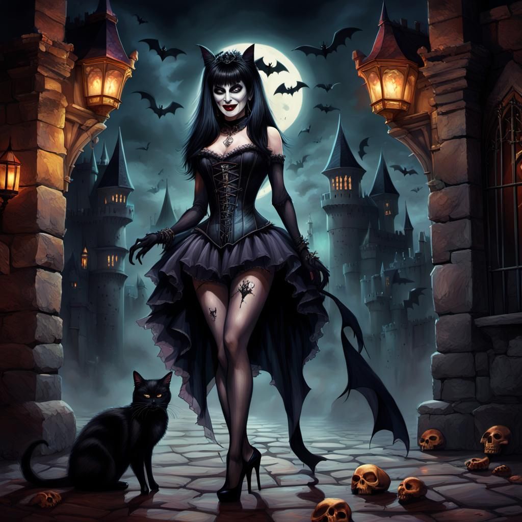 Elvira in Gothic Castle: Hyperrealistic Concept Art