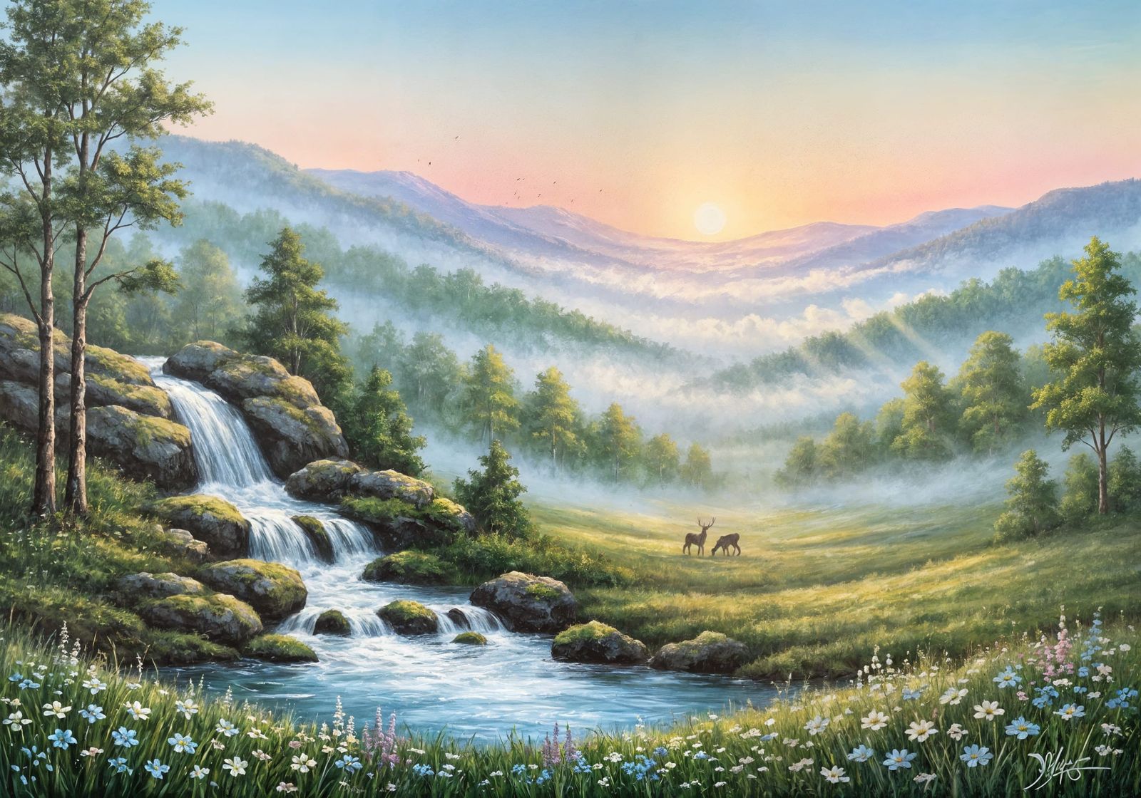 Dawn Valley Landscape in Oil Painting Style