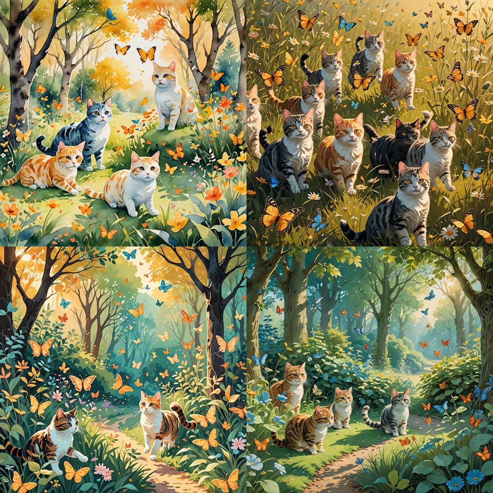 Cats Chasing Butterflies in a Garden