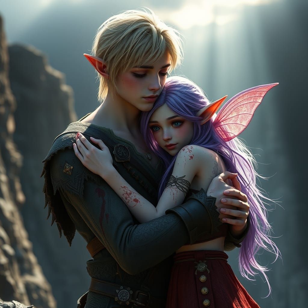 Elf and Sprite Embrace in Dramatic Sunlight