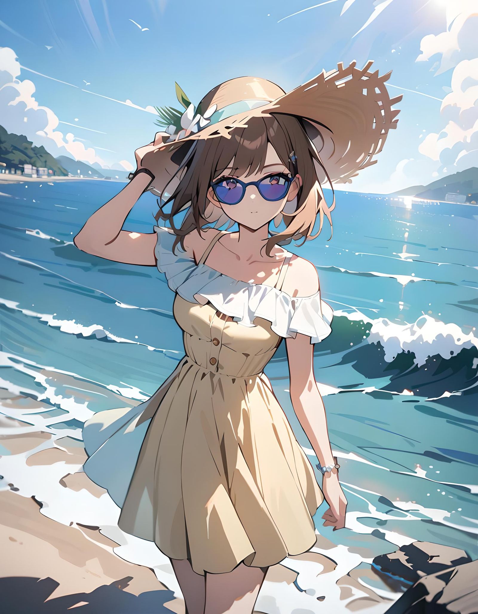 Anime Girl on Beach with Seashell Accessories