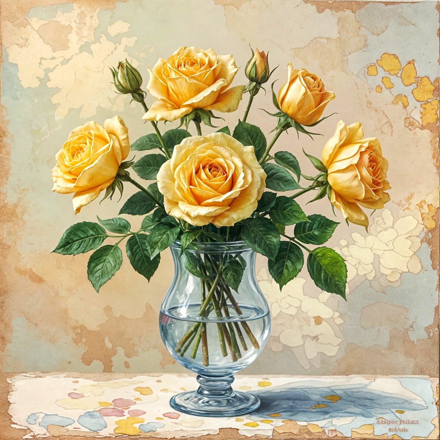 Quilted Alcohol Ink Yellow Roses in Vase