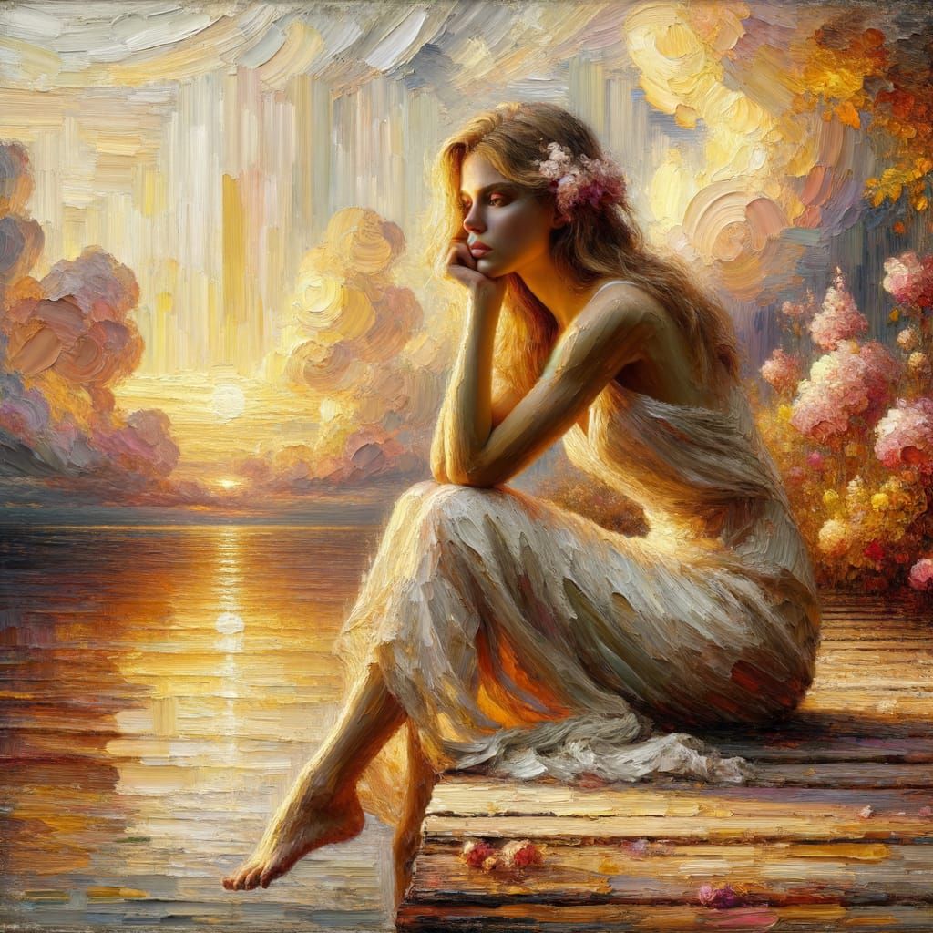 Woman Contemplating by a Serene Lake in Warm Sunset Hues
