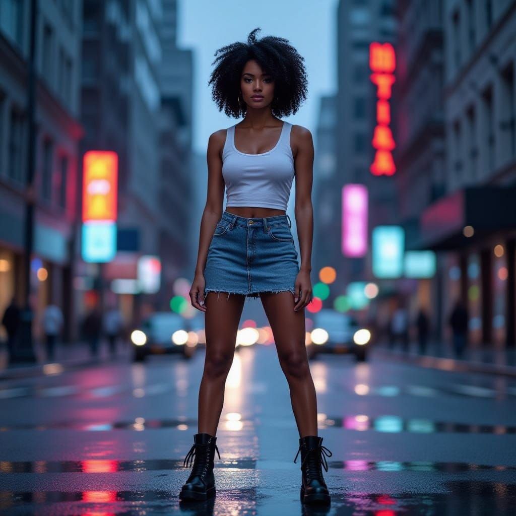 Black Woman in City Street at Twilight