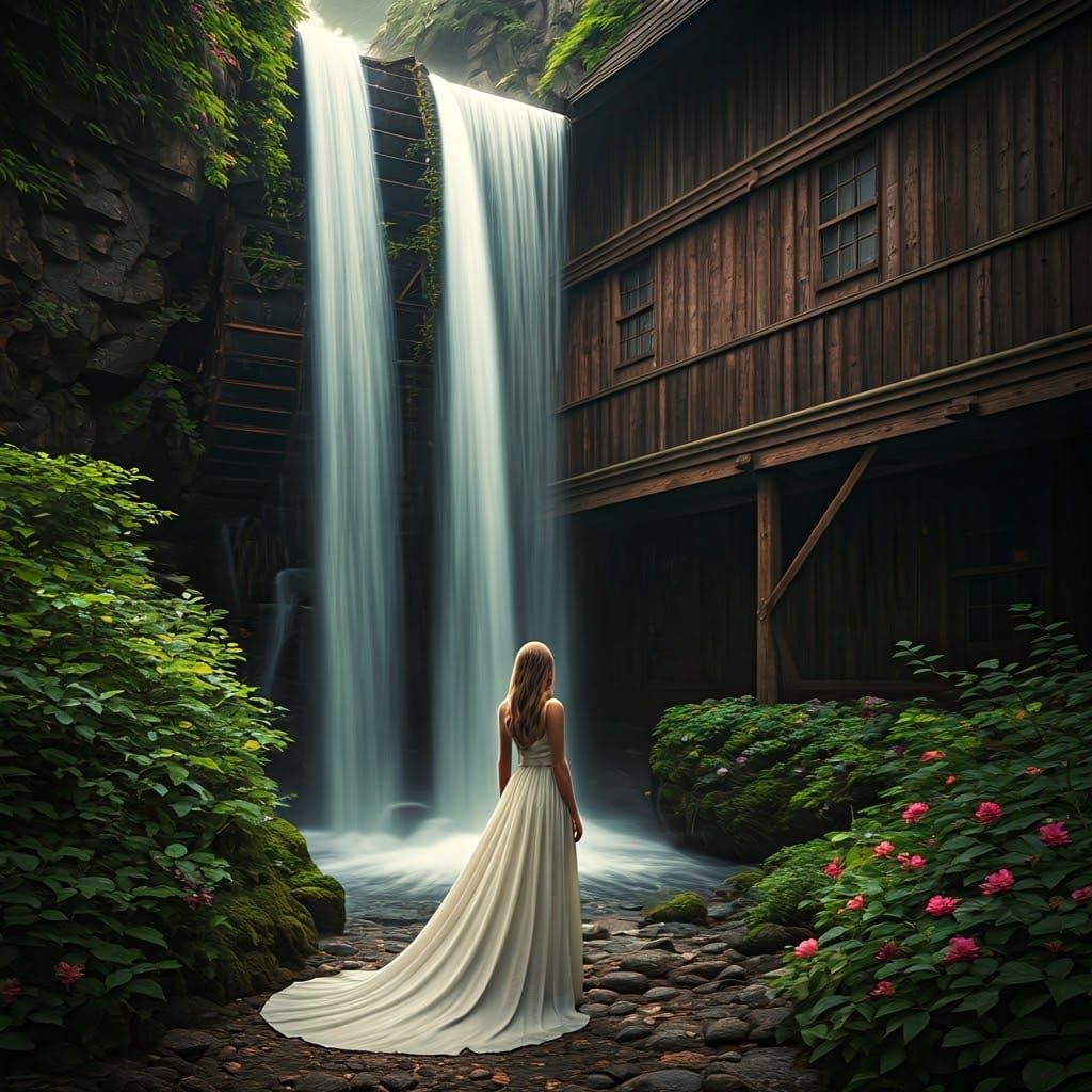Woman Under Waterfall at Rustic Watermill