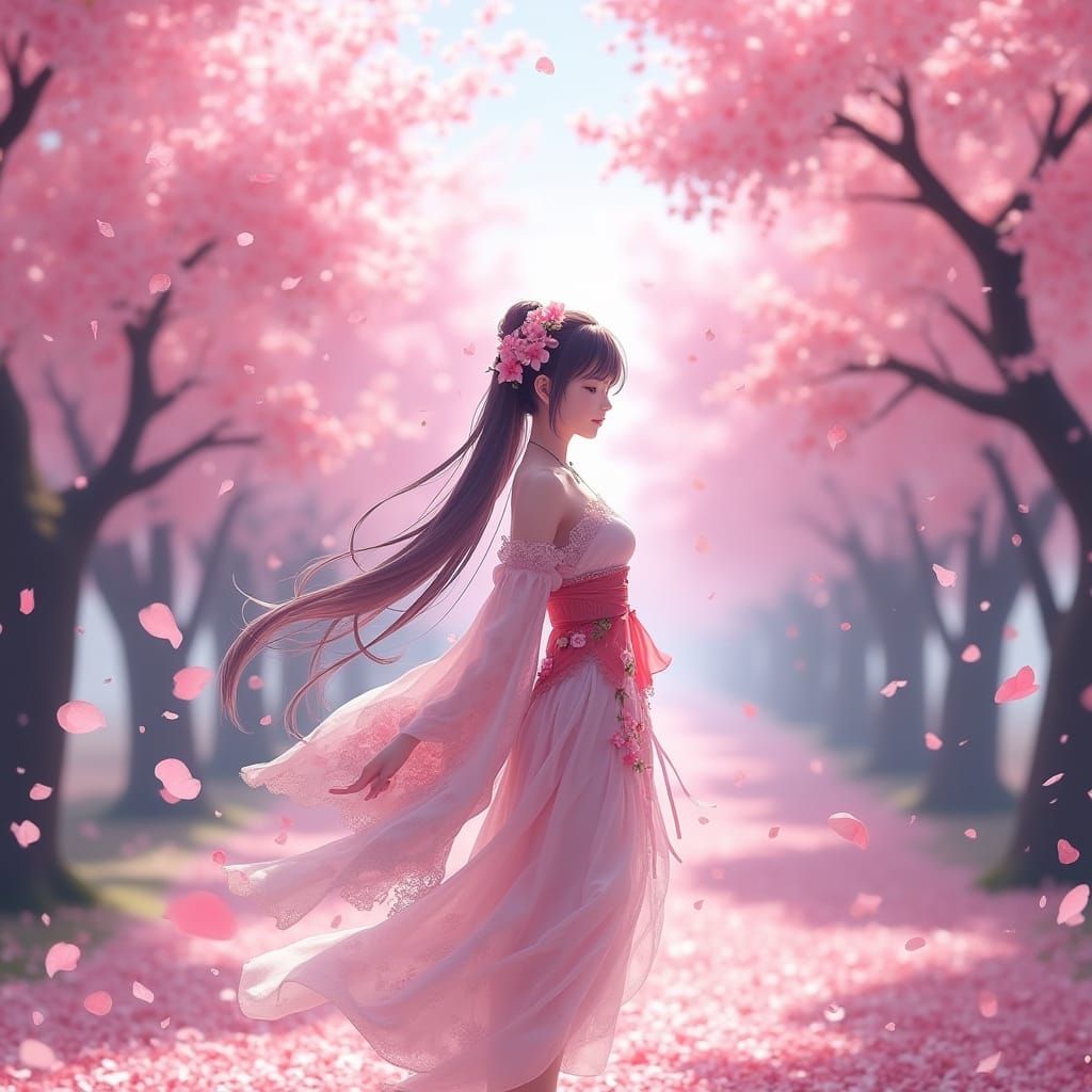 Genshin Impact Inspired Woman in Blooming Cherry Orchard