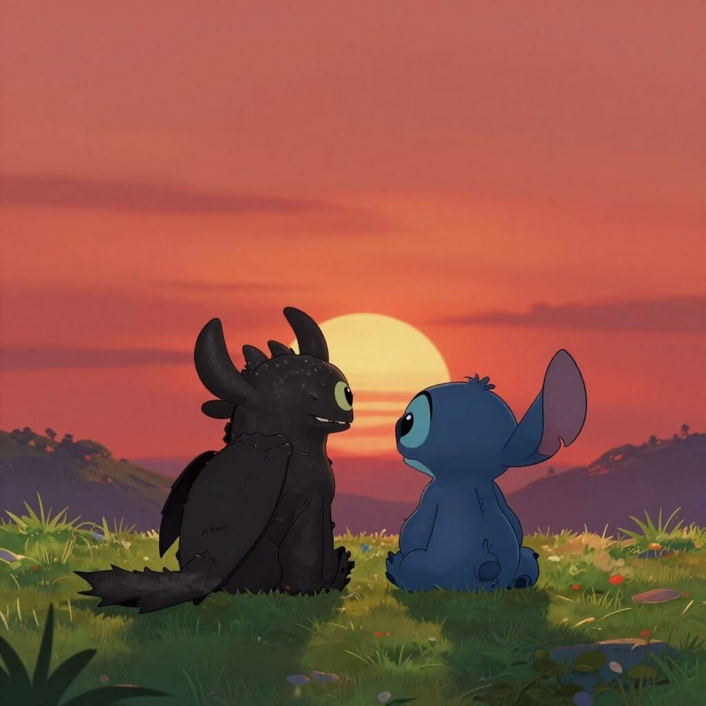 Toothless and Stitch Enjoy a Beautiful Sunset