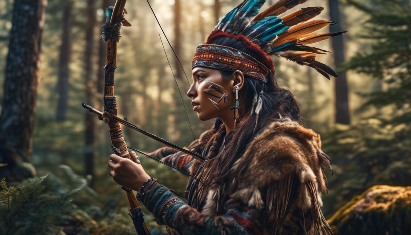 Native American Huntress in Adirondack Forest, Hyperrealisti...