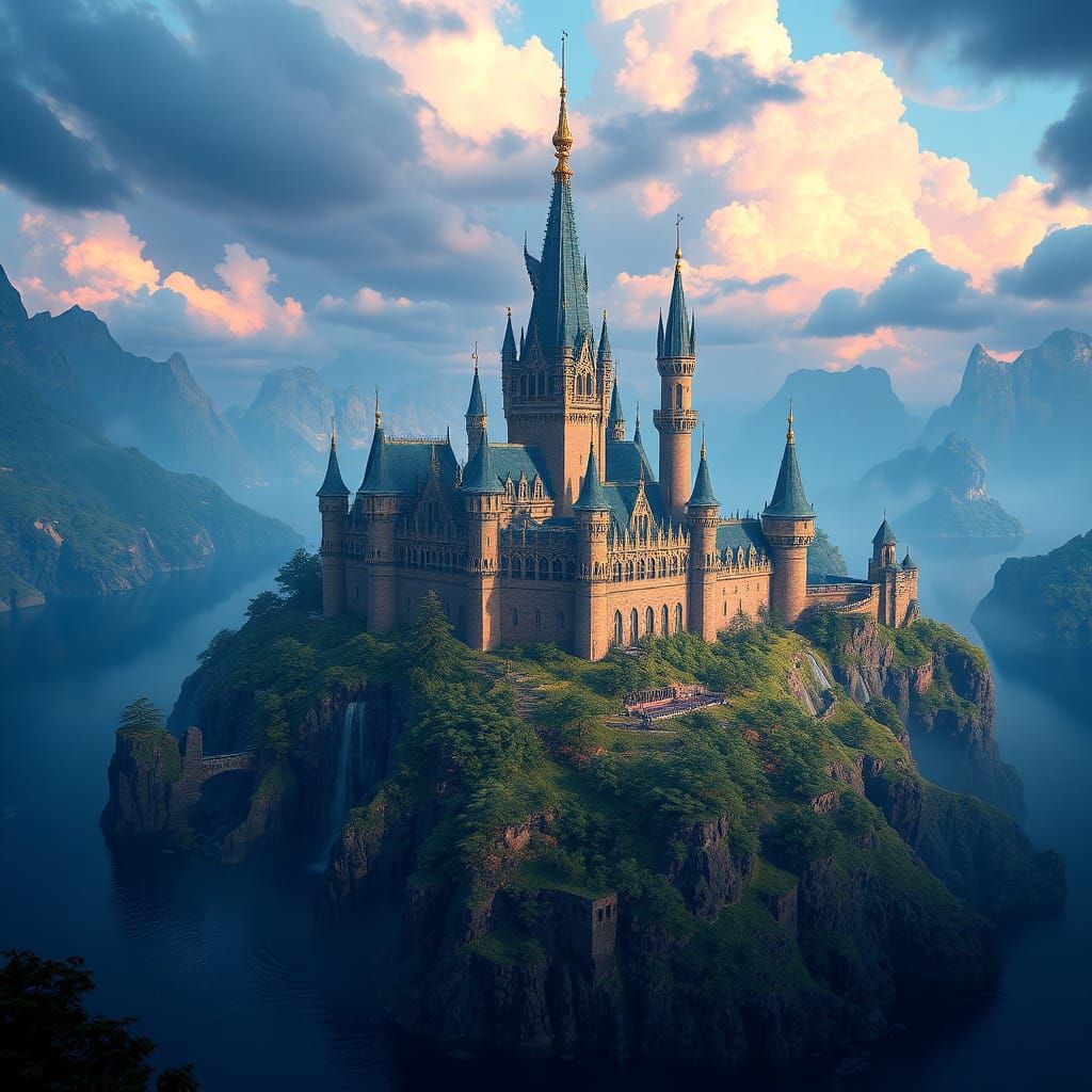 Mystical Island Castle in Fantasy Concept Art Style