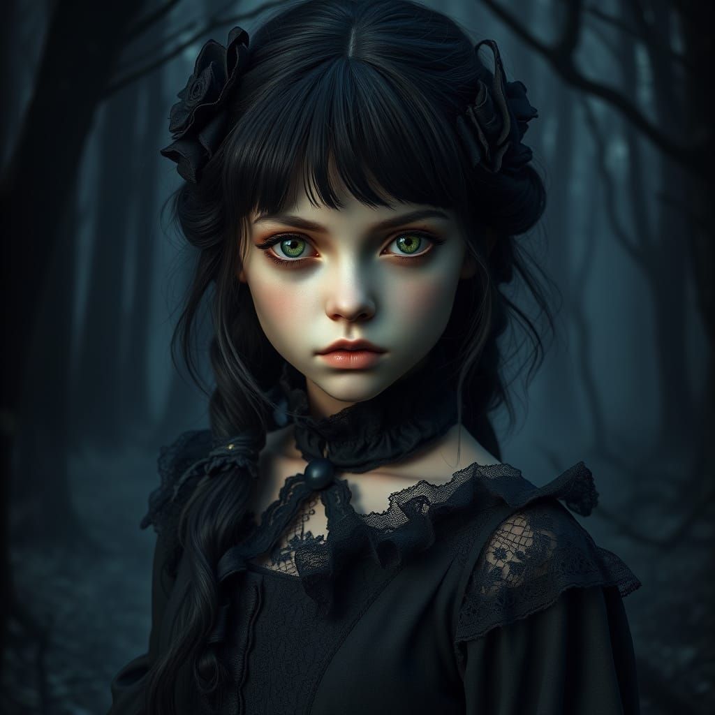 Mysterious Raven-Haired Girl in Eerie Forest, Unreal Engine