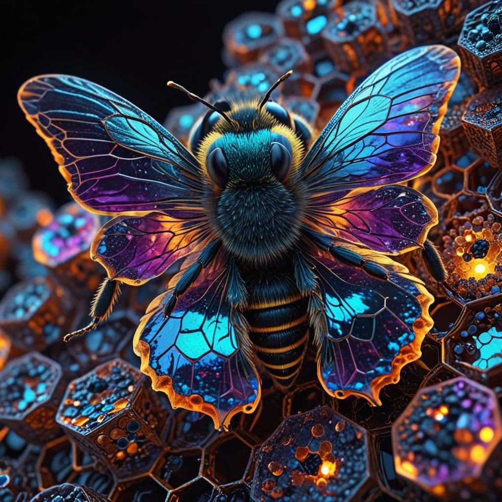 Vibrant Geometric Abstraction of a Bee in Honeycomb