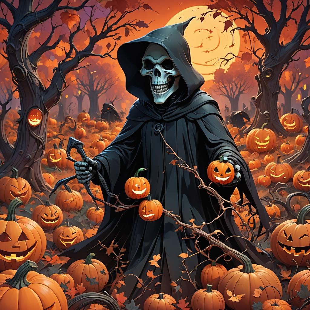 Kawaii Grim Reaper with Pumpkin in Autumn Forest
