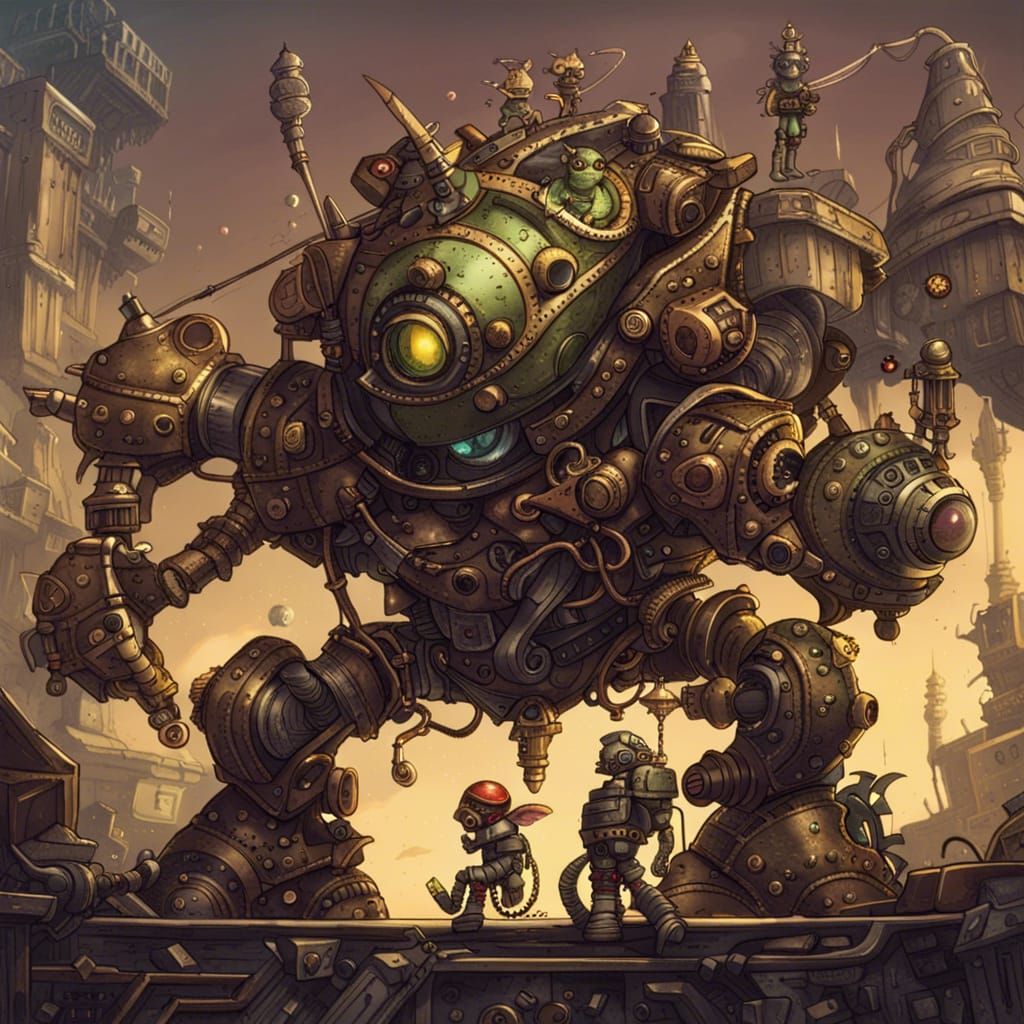 Goblin in Steampunk Mech Suit: Maximalist Illustration