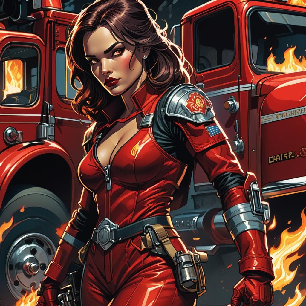 Comic Book Girl with Fire Truck in Chiaroscuro Lighting