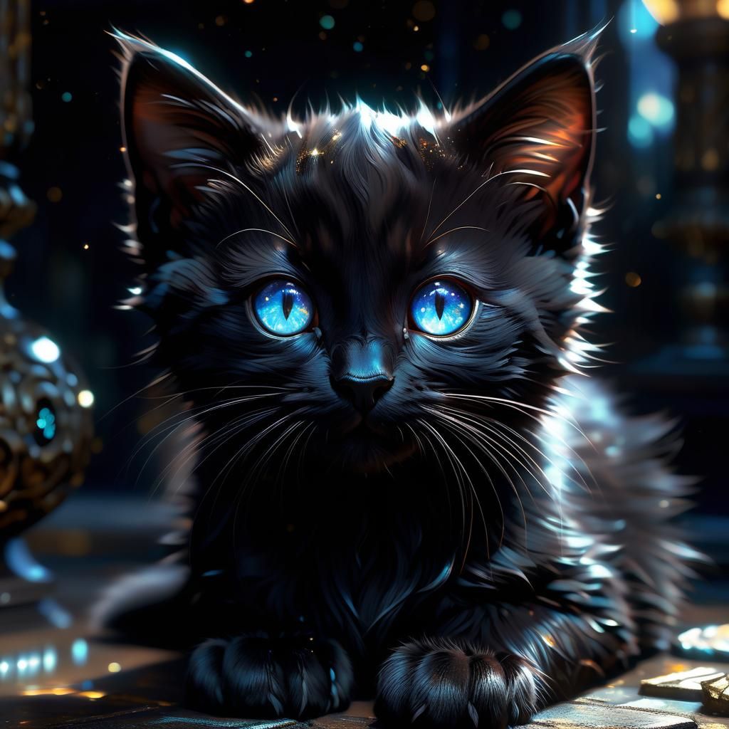 Mythical Black Kitten Portrait with Galaxy Eyes