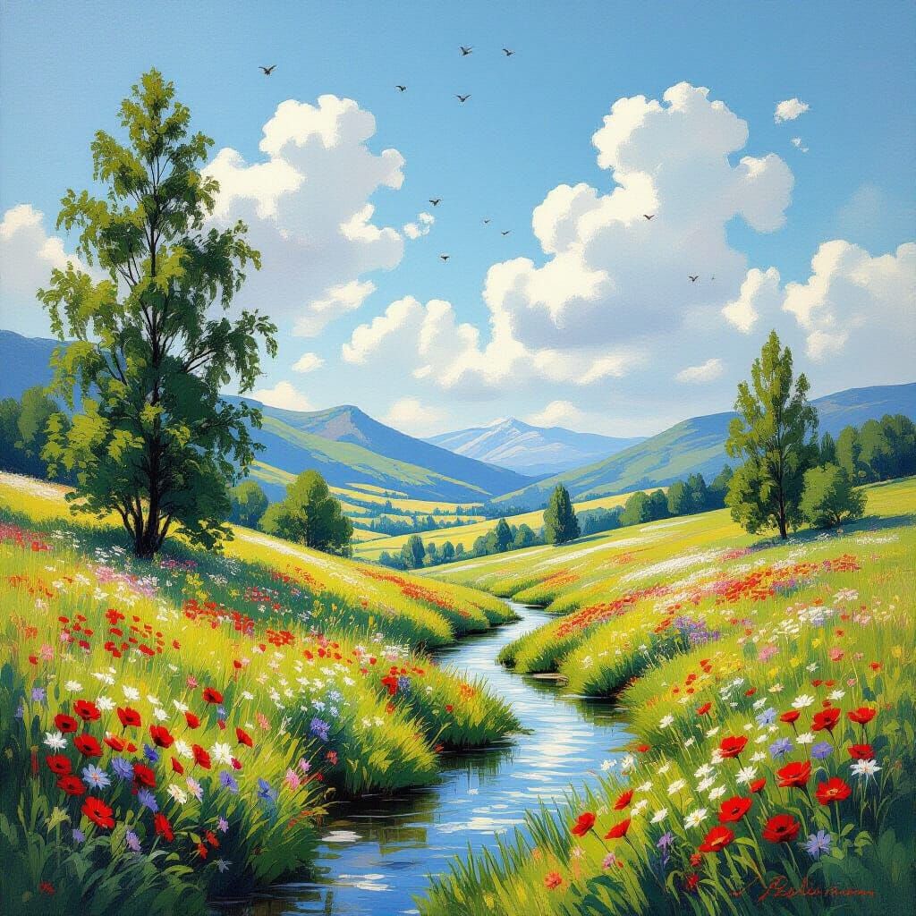 Idyllic Landscape with Rolling Hills and Stream