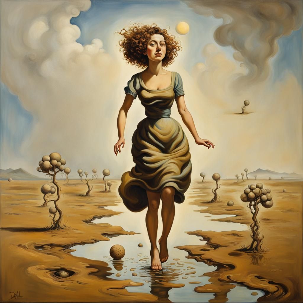Joyful Woman Hopping Through Mud, Surrealist Style