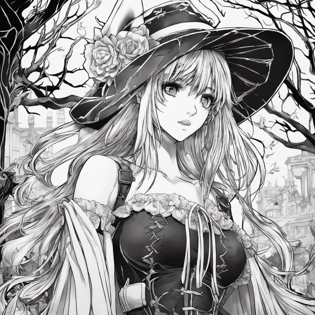 Halloween Anime Girl Coloring Page in Line Art
