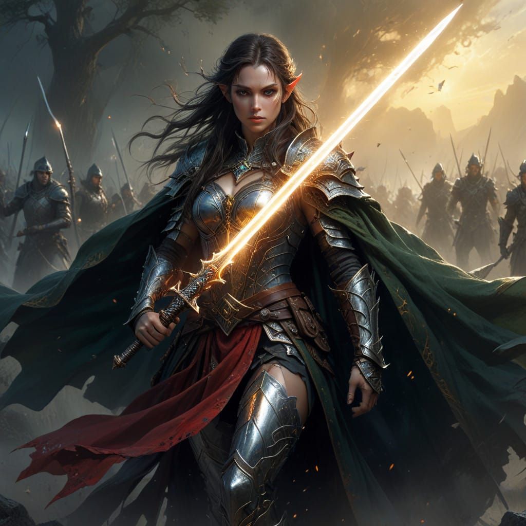 Elegant Elf Warrior Charges into Battle with Glowing Magic S...