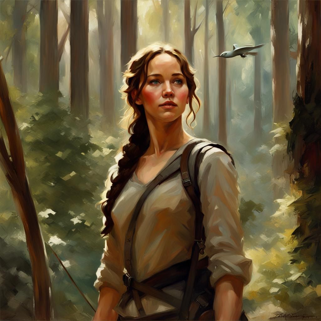 Katniss and Rue: Oil Painting in Art Nouveau Style