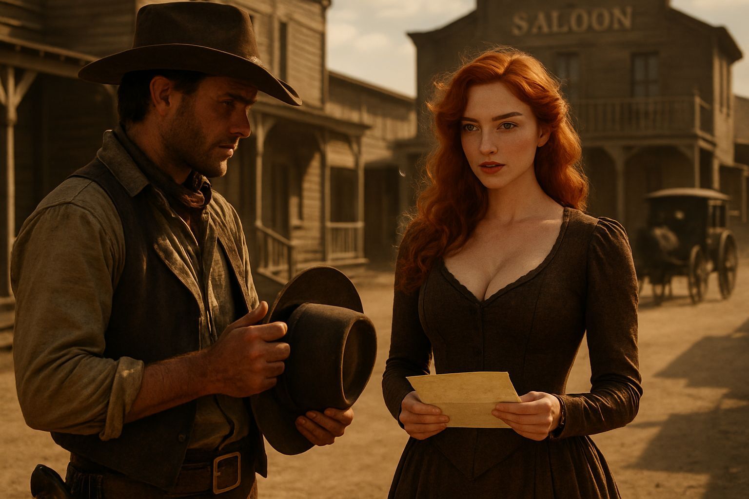 Wild West Cowboy and Red-Haired Woman in Dusty Town