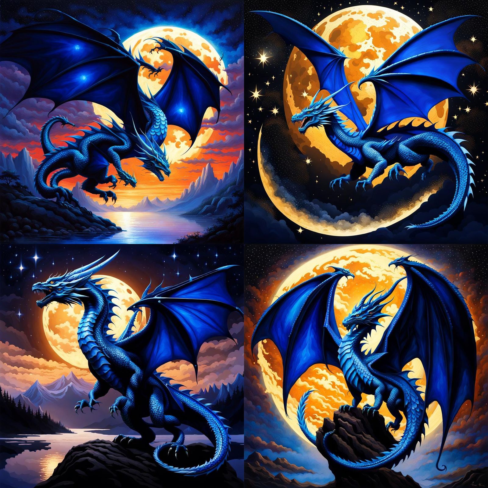 Cobalt-Blue Dragon Soaring Gracefully Through The Midnight Sky