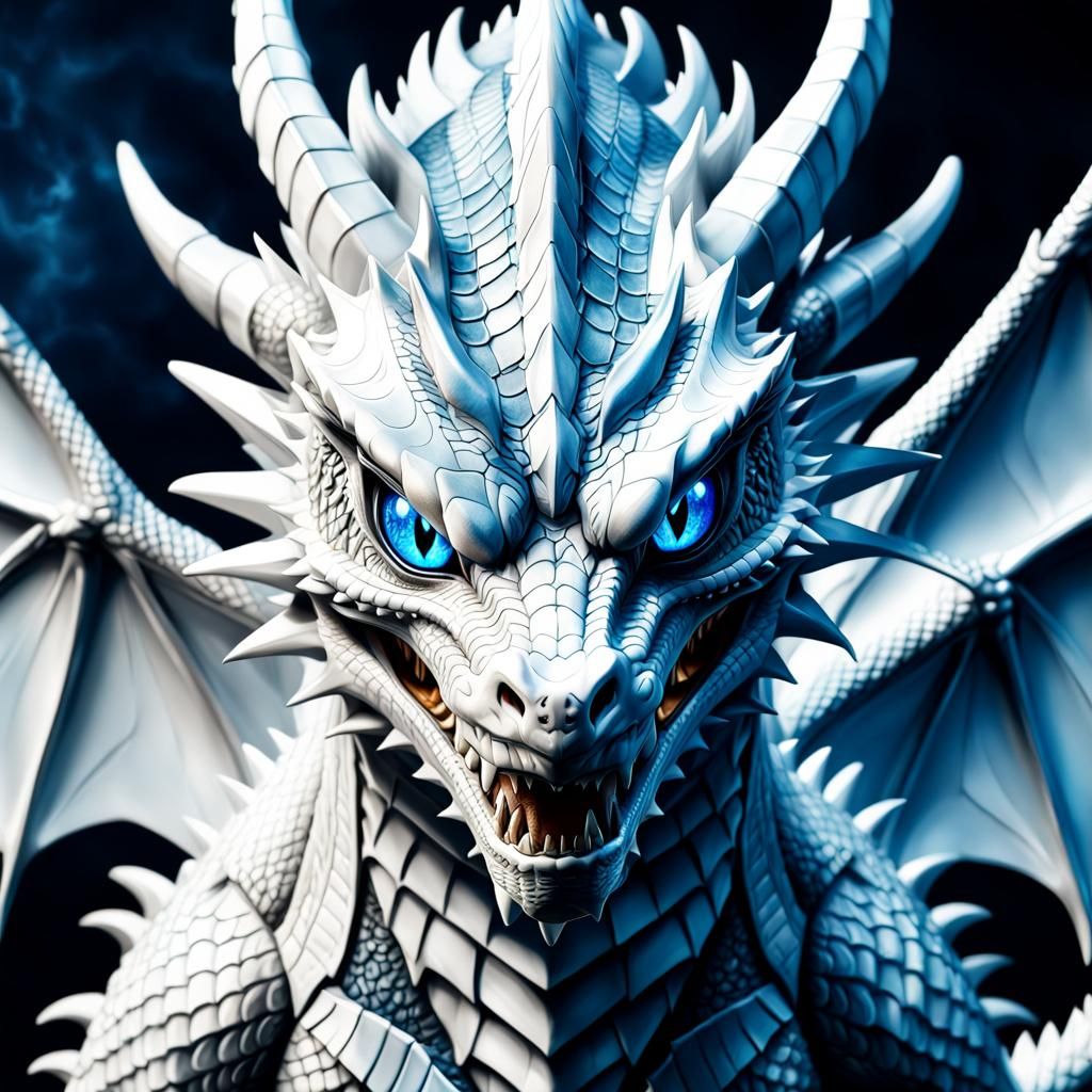 Hyperrealistic White Dragon with Blue Eyes