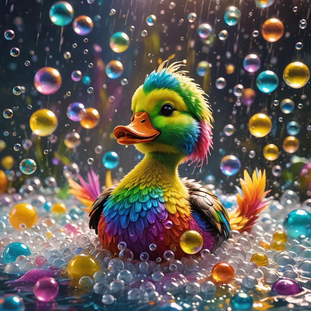 Rainbow Duck in Bubble Bath: Comic Oil Painting