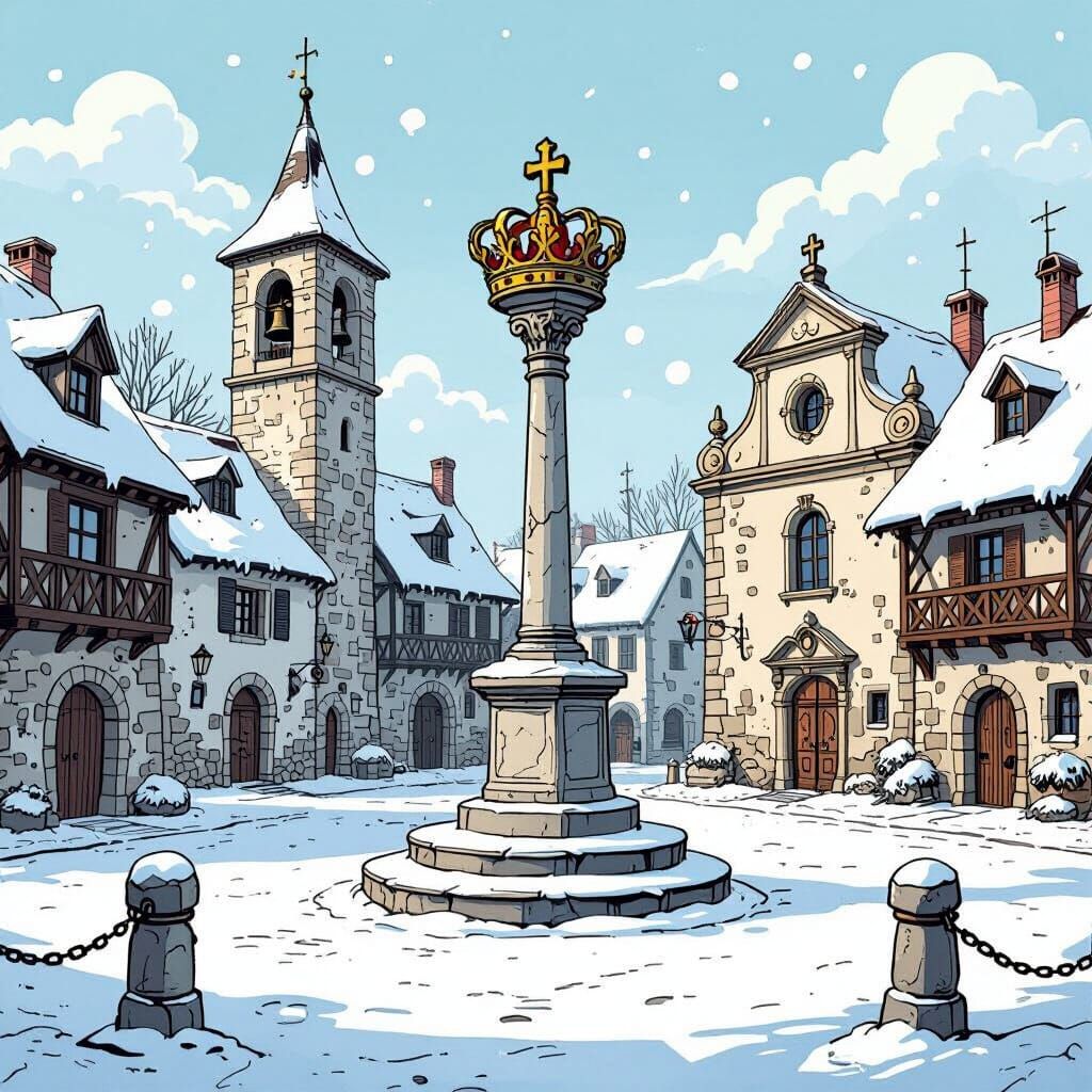 Snowy European Village Square in Comic Art Style