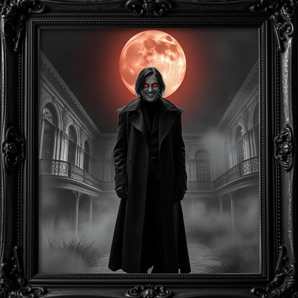 Monochrome Figure with Glowing Red Eyes in Foggy Mansion
