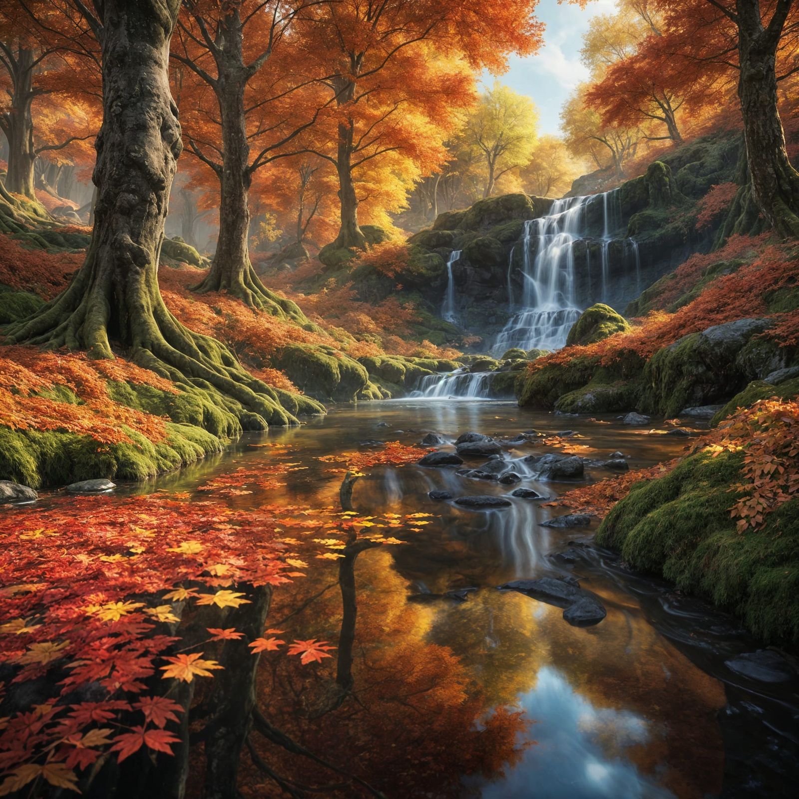 Autumn Forest Reflected in Stream: 8K Photography