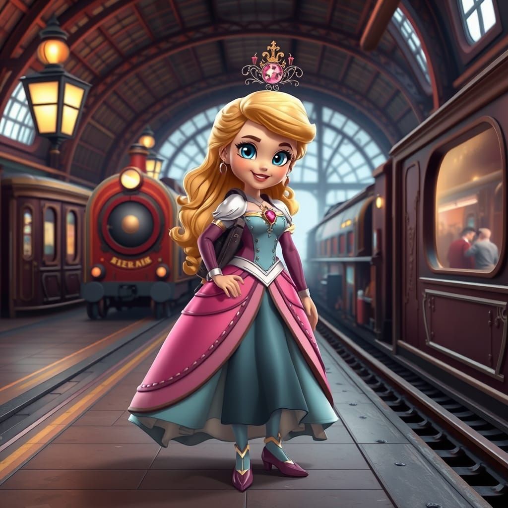 Princess Aurora in Steampunk Train Station, 3D Cartoon