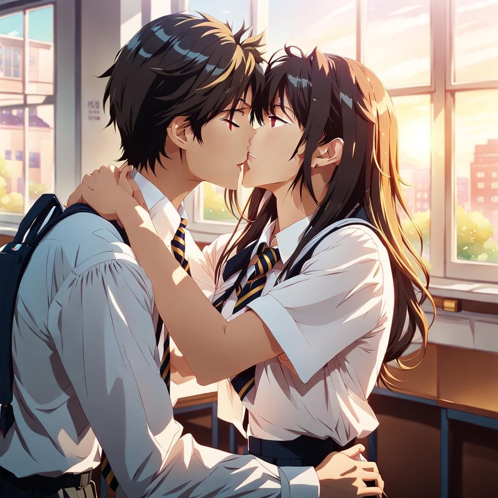 Romantic Kiss in Anime Style with Watercolor Textures