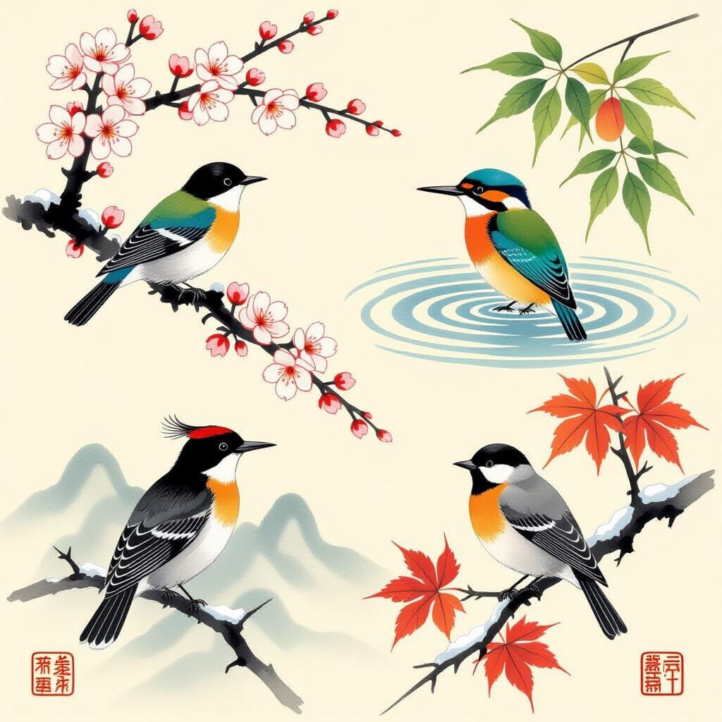 Four Seasons Birds in Elegant Japanese Sumi-e Art