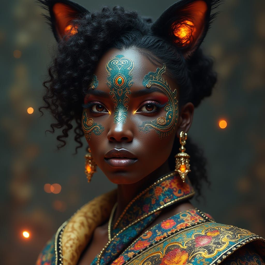 Hyperrealistic Feline Goddess in Futuristic Regalia