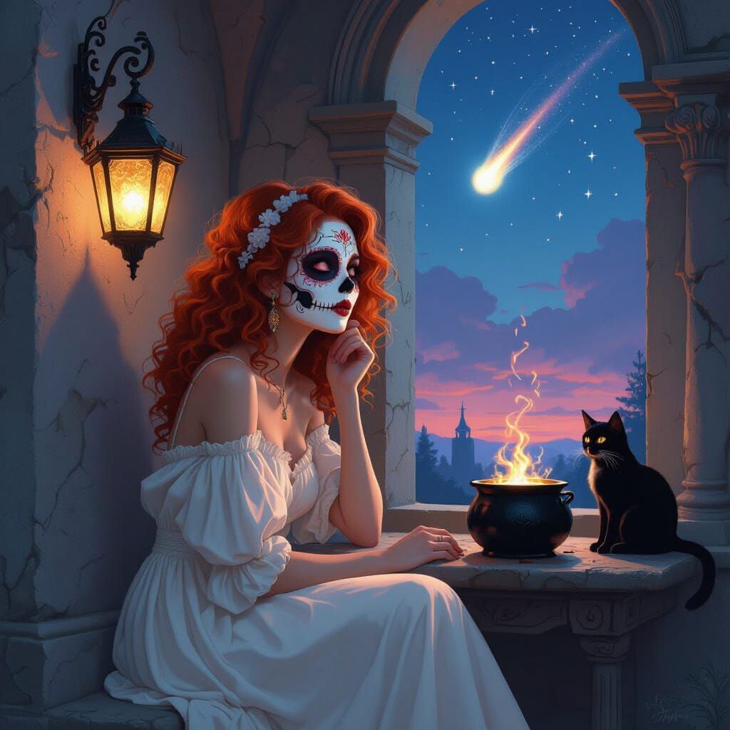 Woman with Calavera Face Paint in Mausoleum