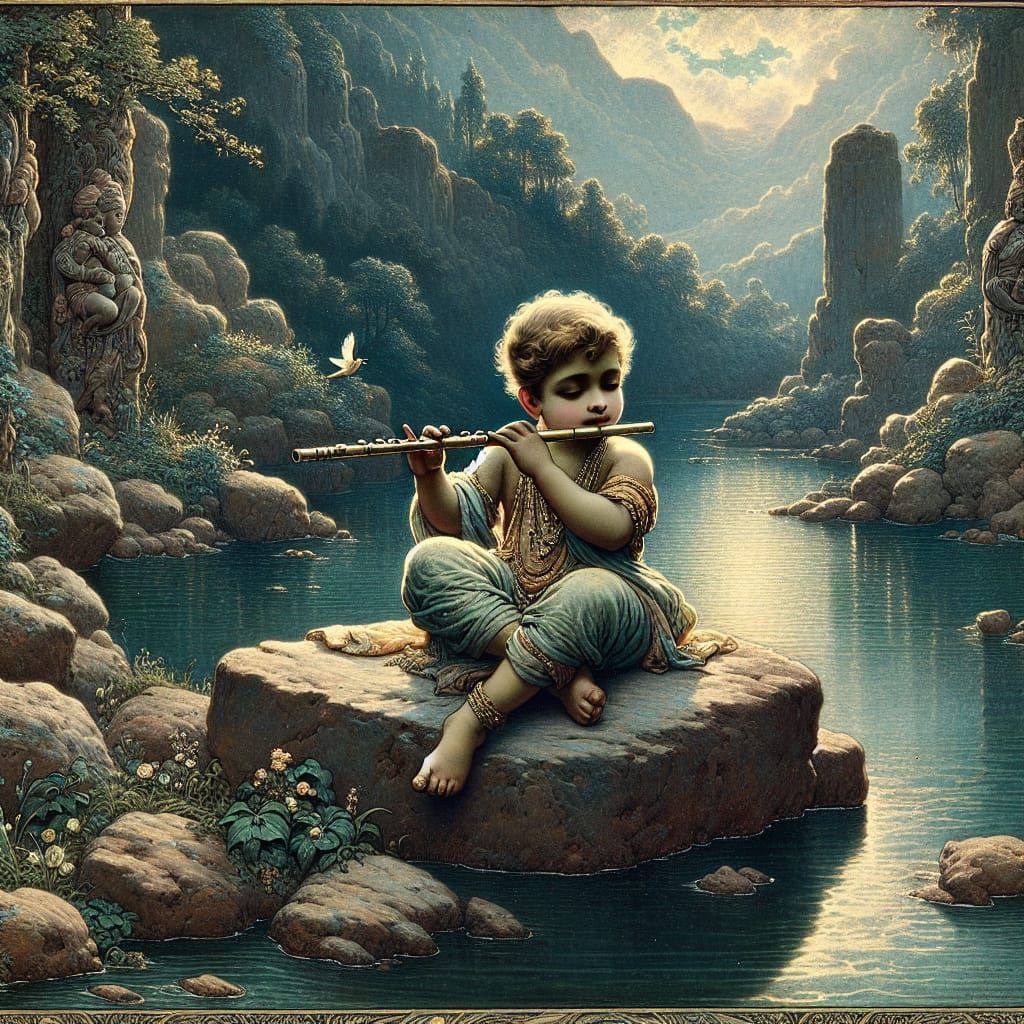 Boy Playing Flute in Symbolist Art Nouveau Style