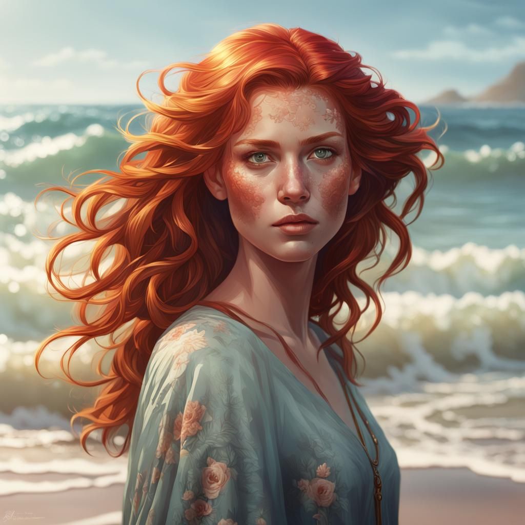 Redhead Beauty at the Beach: Hyperdetailed Portrait