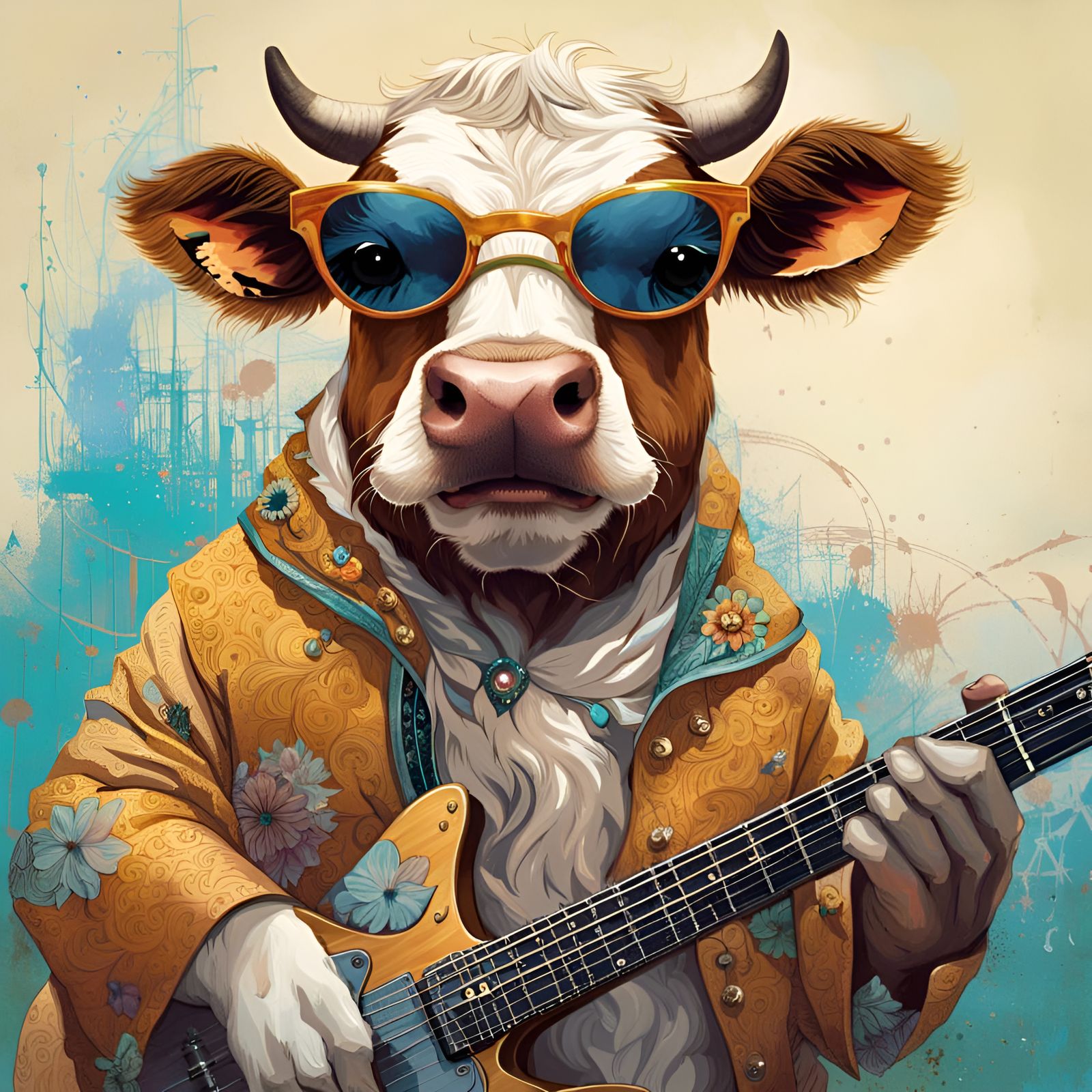 Cow Plays Guitar: Digital Portrait in Fantasy Art Style